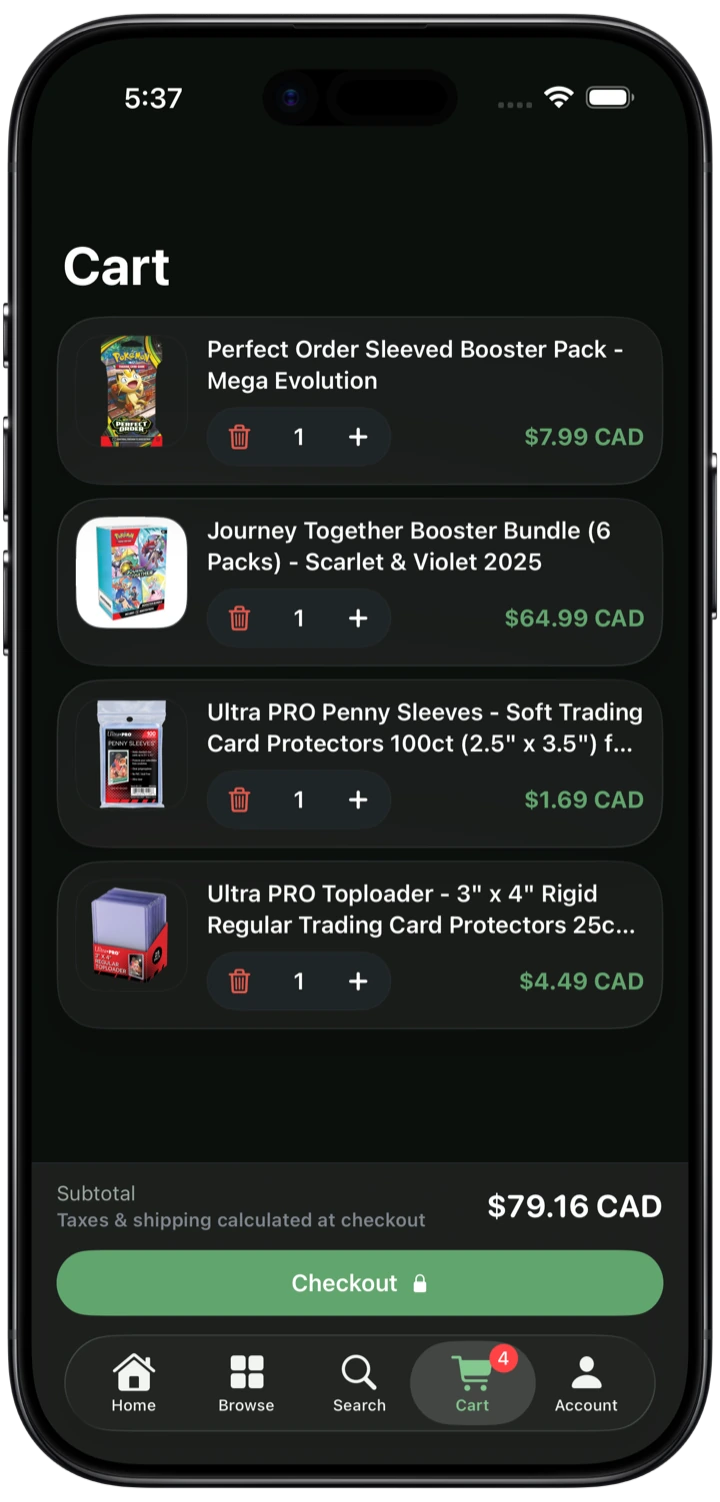 The app's cart screen, with the same prices the website shows.