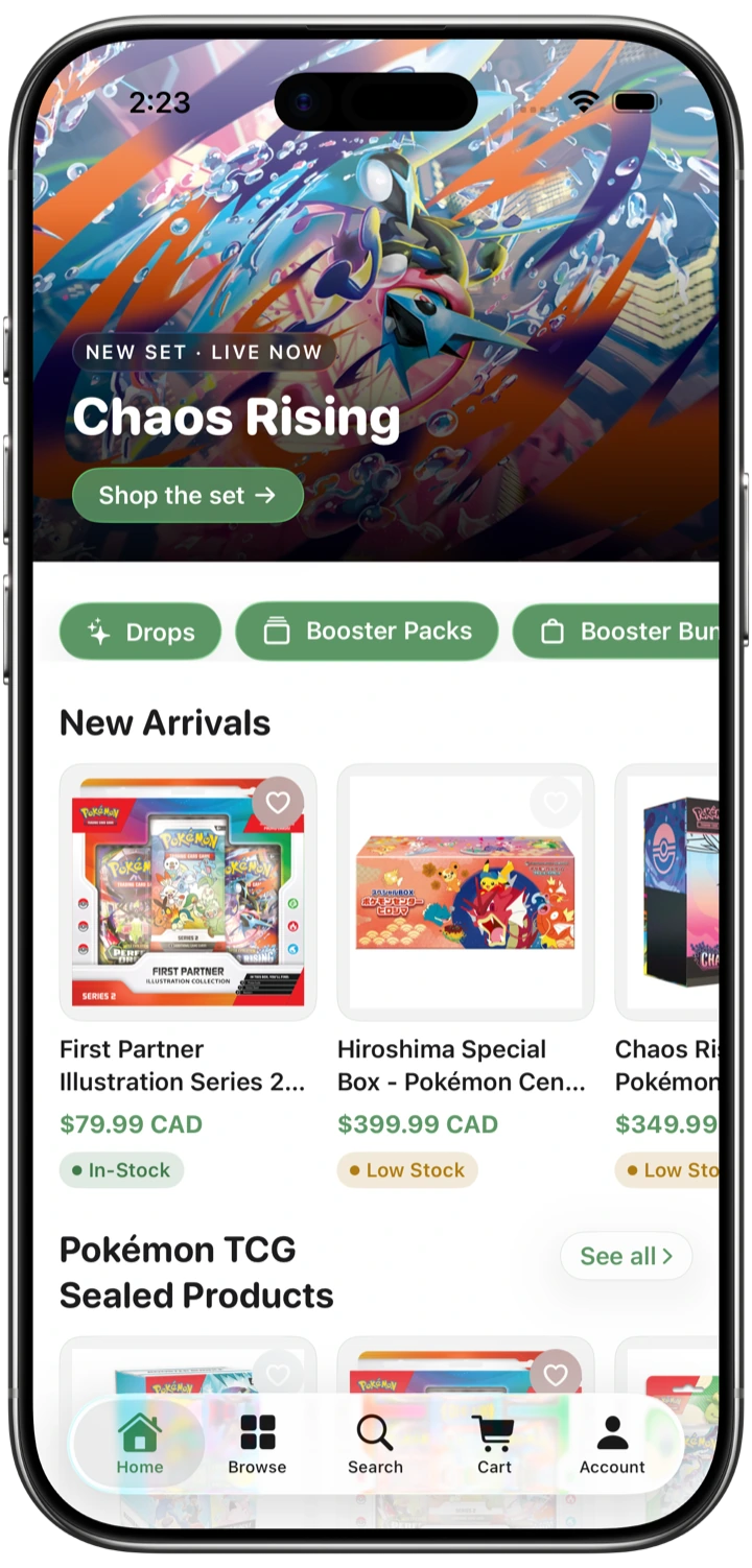 The Quaza Collect iOS app home screen in an iPhone frame: a featured set hero, category chips and new arrivals.