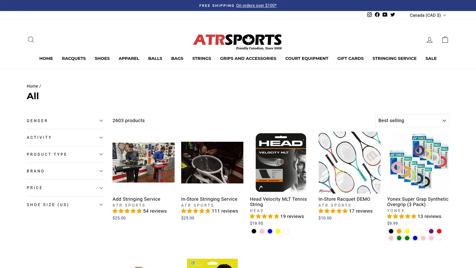 The ATR Sports catalogue: 2,603 products behind filters for gender, activity, product type, brand, price and shoe size, with review counts on each card.