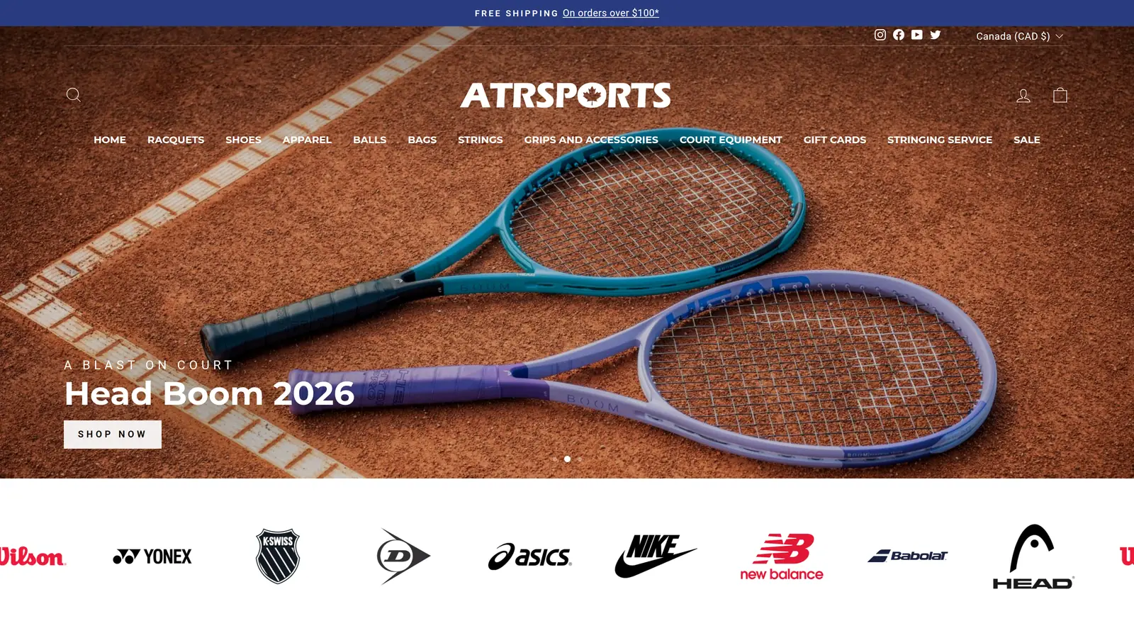The ATR Sports storefront: the wordmark over a racquet-sports navigation — racquets, shoes, apparel, balls, bags, strings and a stringing service — above a row of carried brands.