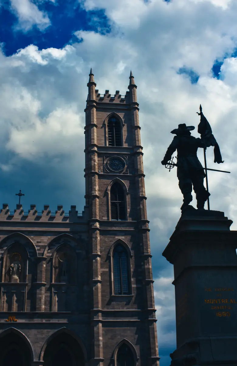 Notre-Dame Basilica and the Maisonneuve monument in Montreal, from below.