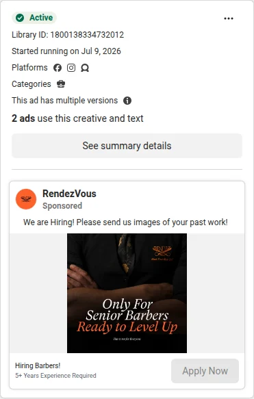 A Rendezvous hiring ad: a barber in a black uniform, the line Only For Senior Barbers Ready to Level Up, and an Apply Now button.