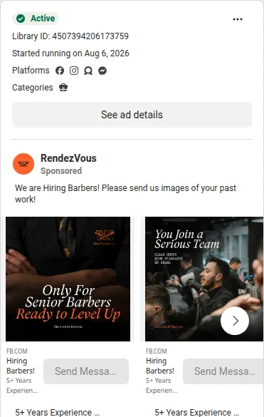 A Rendezvous hiring carousel: Only For Senior Barbers Ready to Level Up beside You Join a Serious Team, with Send Message.