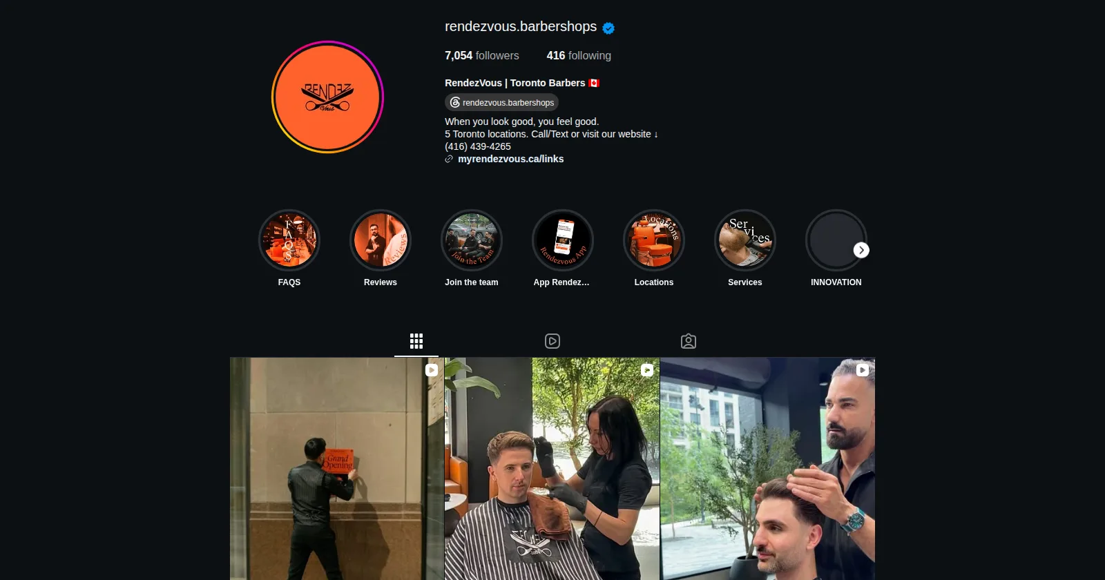 Instagram profile for rendezvous.barbershops: the orange scissors mark, highlights including Join the team, and a grid of shop posts.