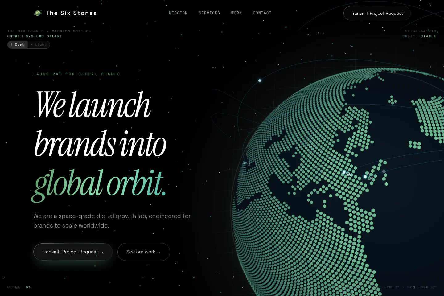 The Six Stones homepage: a rendered globe of hexagonal dots with orbit lines and city markers, the serif headline "We launch brands into global orbit." and mission-control telemetry in the corners.