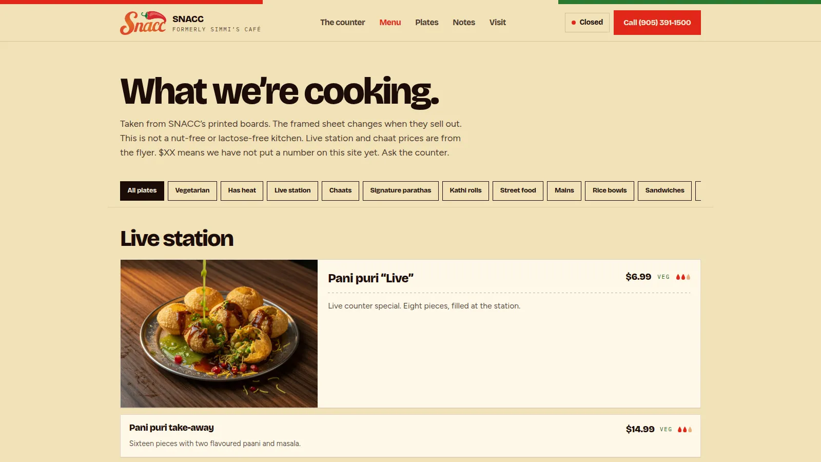 SNACC menu: the live station section, with pani puri and the dishes below.