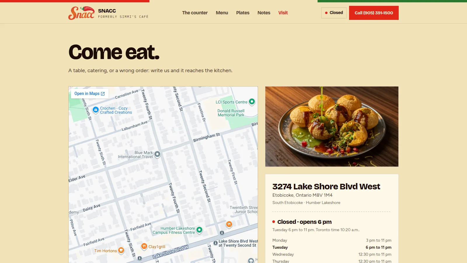 SNACC visit page: a map of the Lake Shore counter, the address in Etobicoke, and Open or Closed on Toronto time.