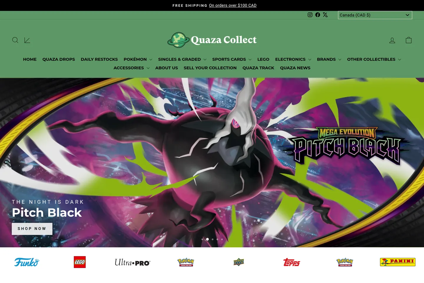 The Quaza Collect homepage inside the laptop frame: the planet-marked wordmark, a set-release hero and a row of carried brands.