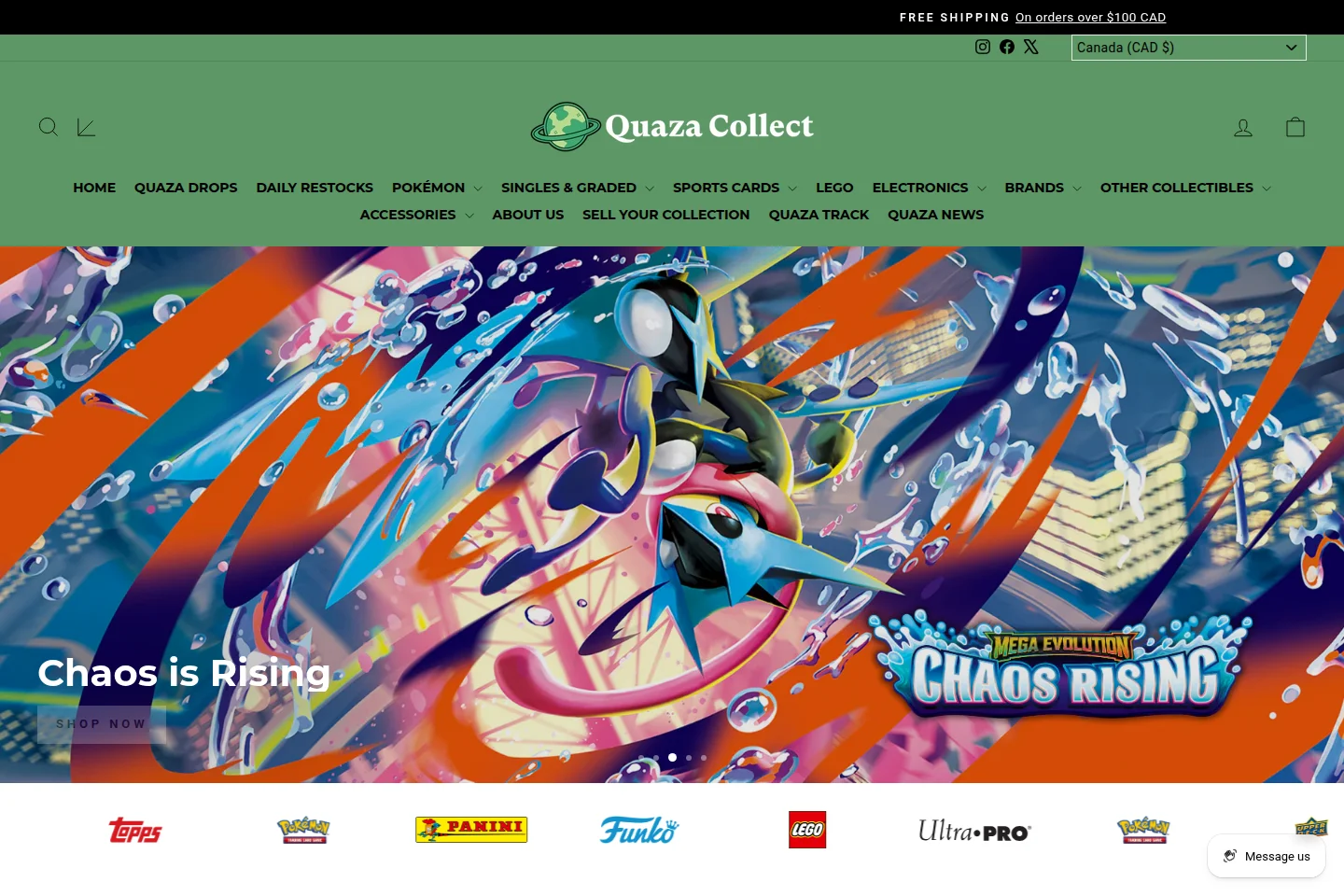 The Quaza Collect homepage: the planet-marked wordmark over the full navigation, a set-release hero, and a row of carried brands.