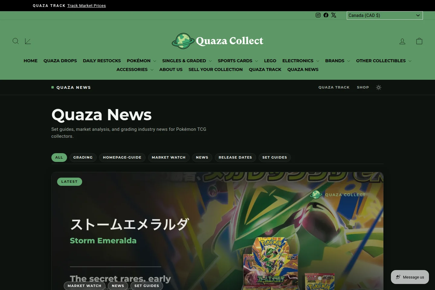 Quaza News: the store's editorial index with category filters and a featured set guide.