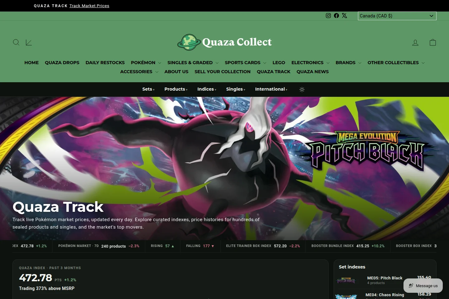 Quaza Track: the store's market page with its own sub-navigation, a live index ticker strip, and set indexes updating daily.