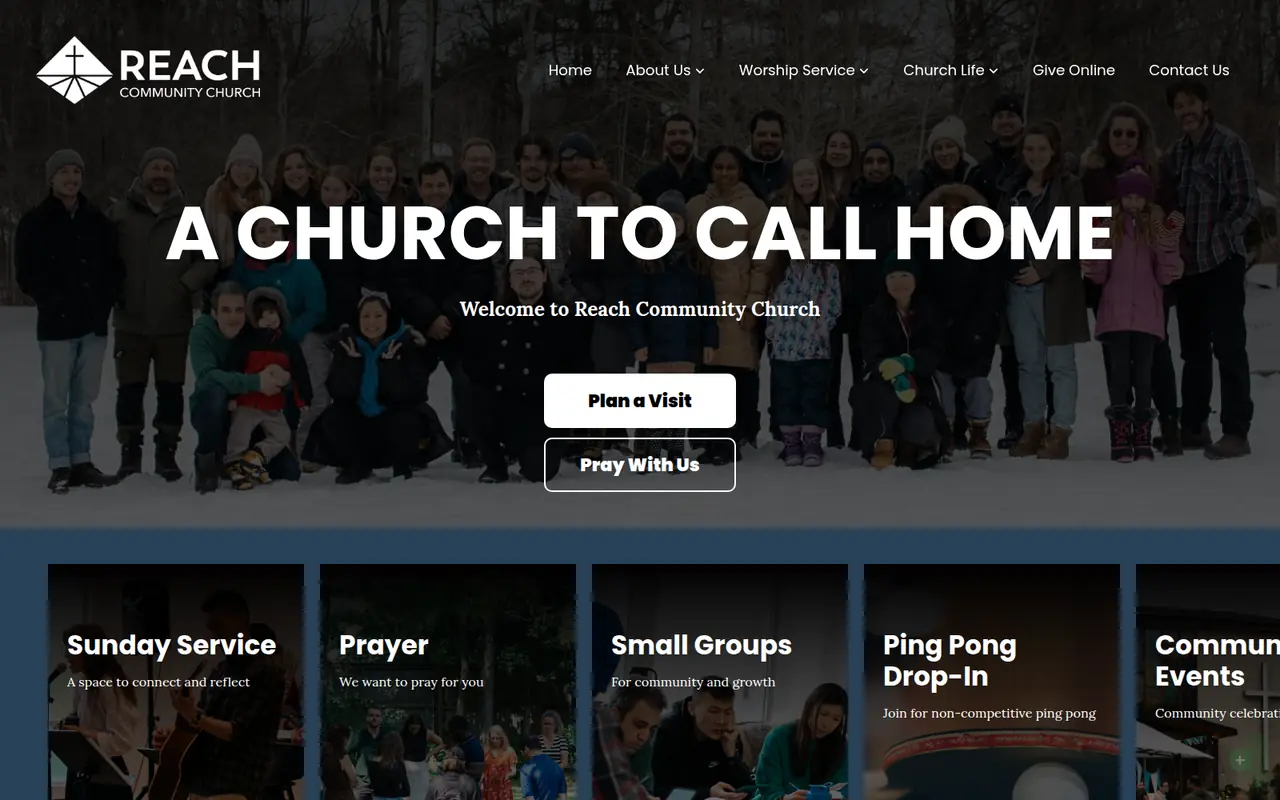 The Reach Community Church website, showing a warm photographic hero with service times and a welcome message.