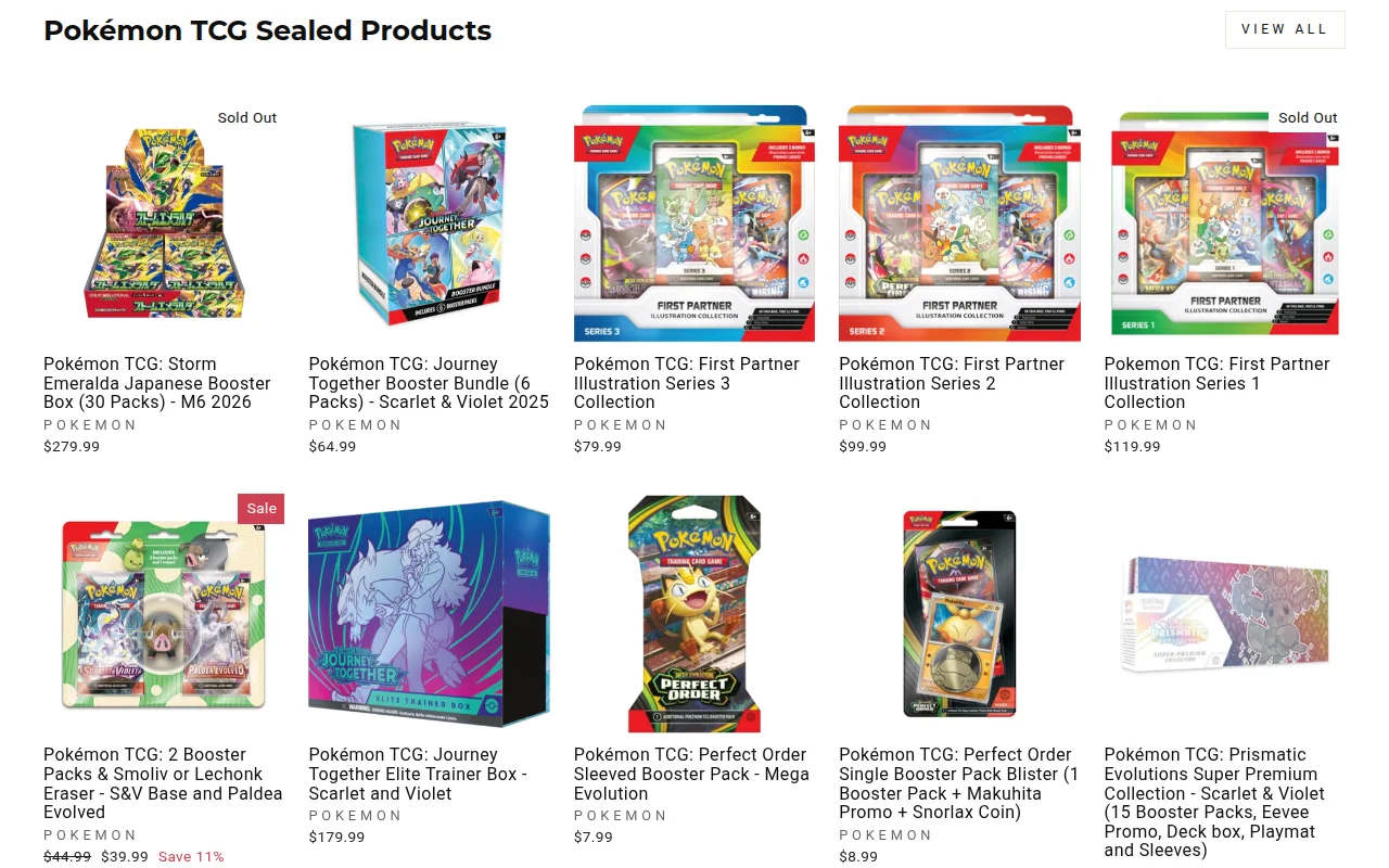 The Quaza Collect storefront on desktop, showing a product grid of sealed collectibles with prices and a filtered category rail.